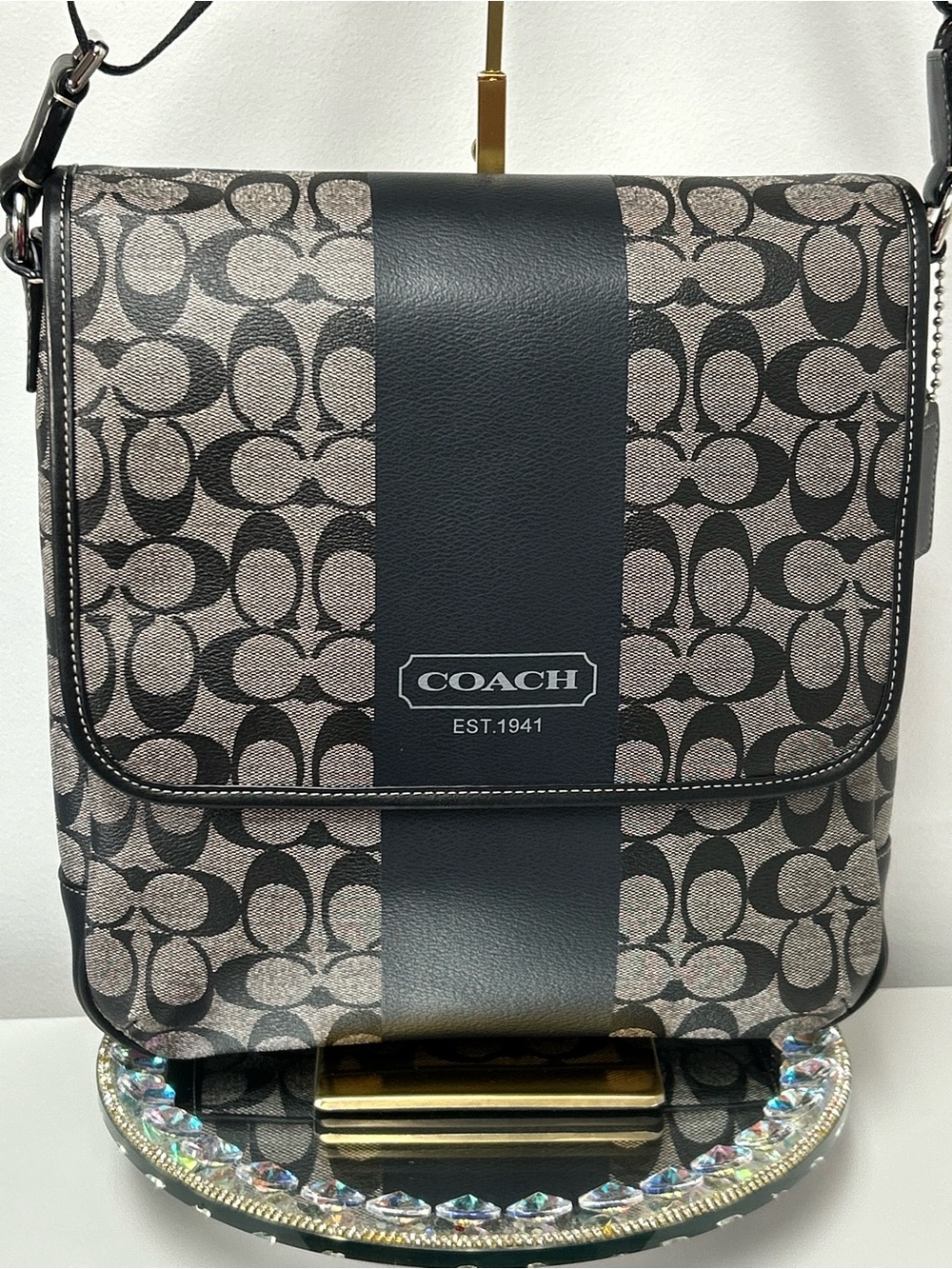 Coach Signature Coated Canvas Messenger Bag w/Center Stripe Approx. 11 x 12 x 3